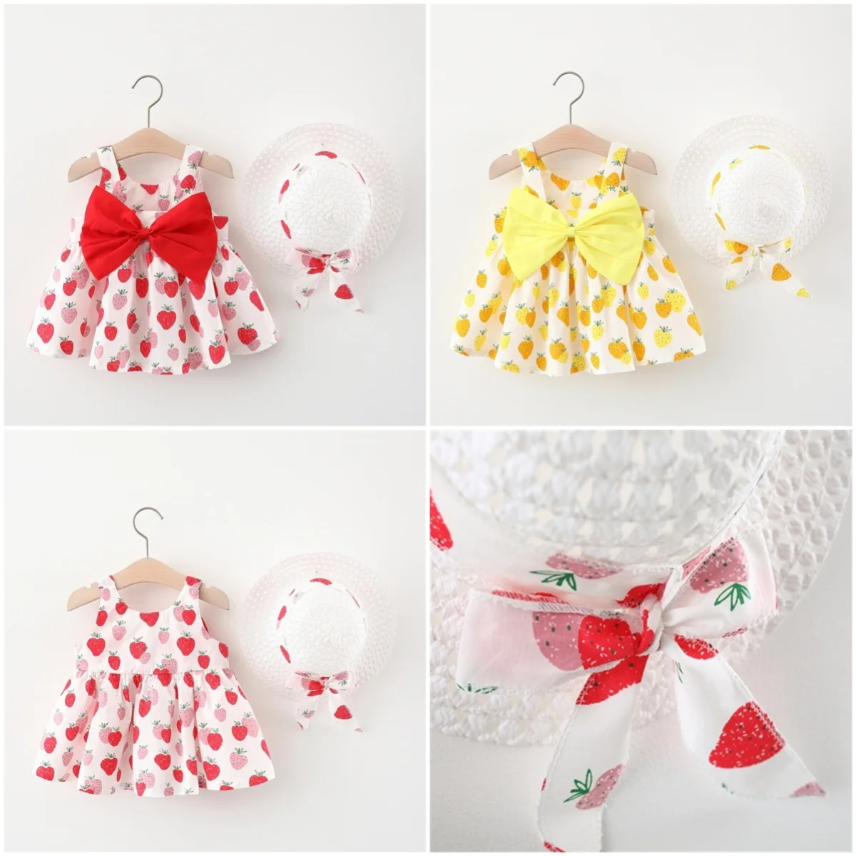 Summer 2-Piece Set Of Baby Dresses And Hats Girl\'S Strawberry Bow Strap Princess Dress 0-3 Year Old Children\'S Clothing