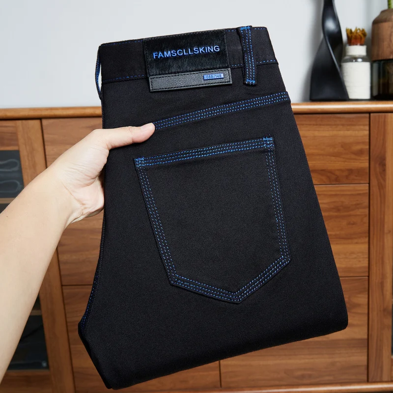 

Черные джинсы мужские осенний тренд, легкая роскошная мода, контрастные цвета, яркий нить, эластичные повседневные брюки