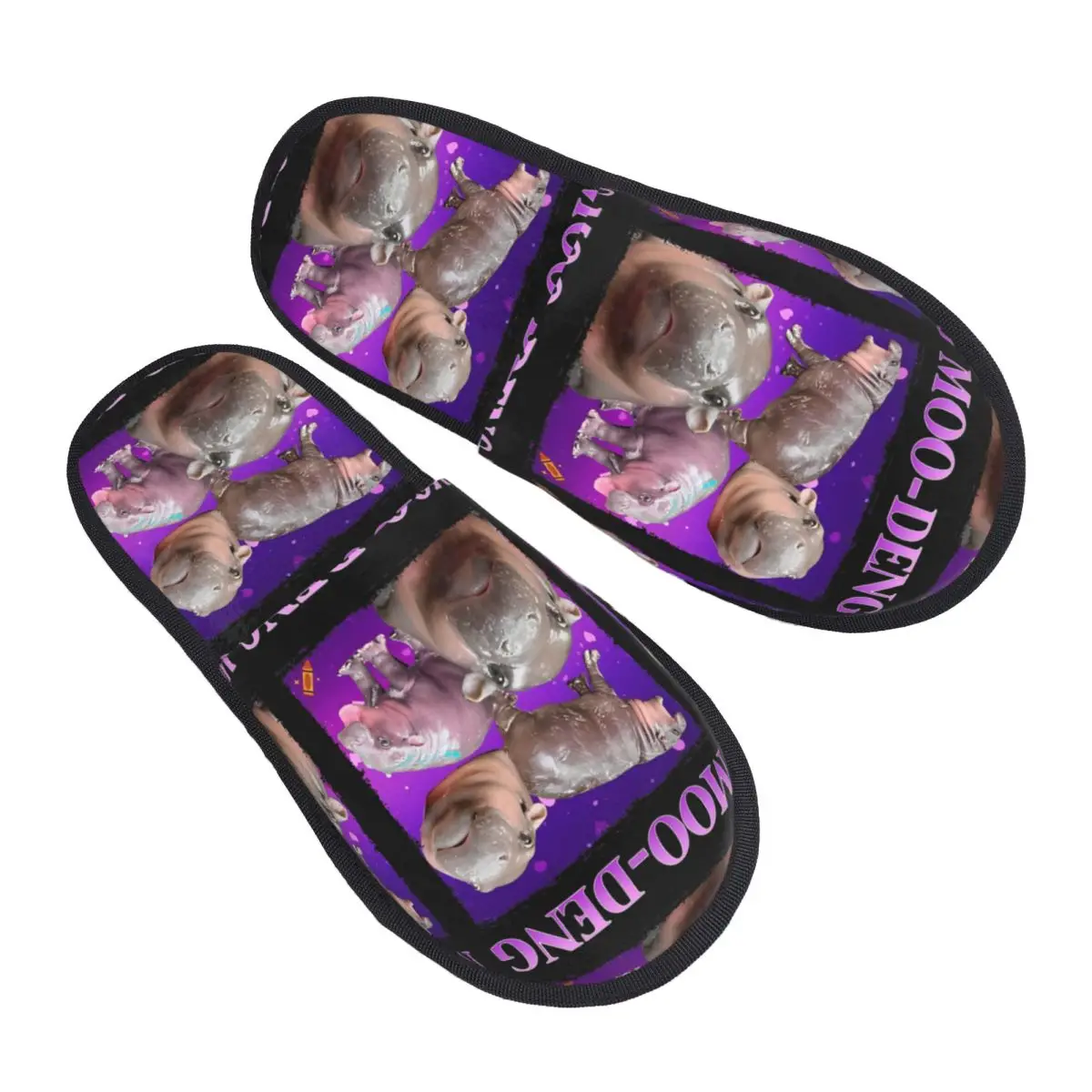 Cute Moo Deng The Famous Baby Pigmy Hippo Winter House Slippers Bedroom Cozy Household Fur Slides Slippers Non Slip