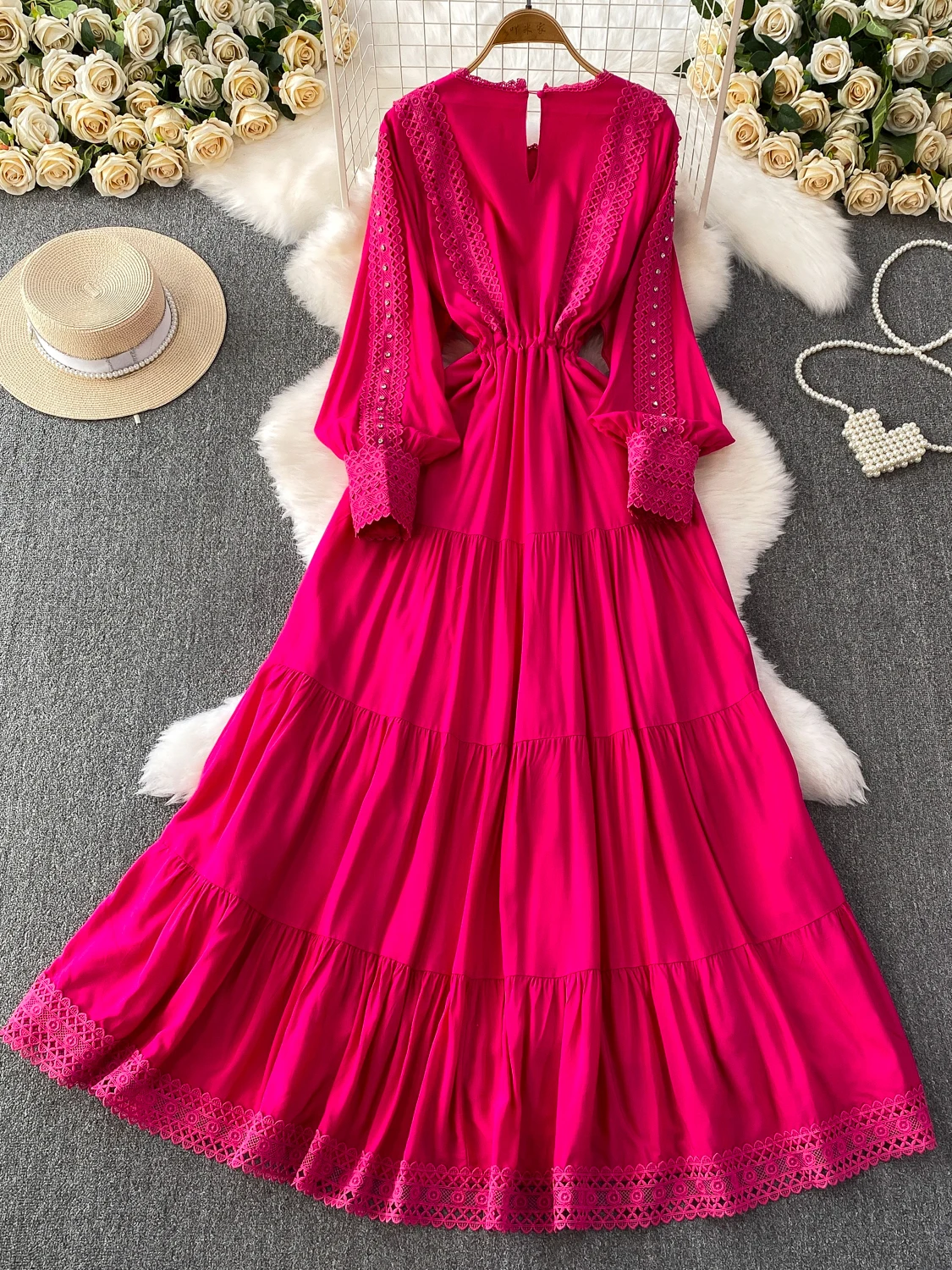 Ele lourd embelli diamant dentelle ronde Ne Dr femmes automne Dstring taille cintrée jupe longue trajet Sle haute...