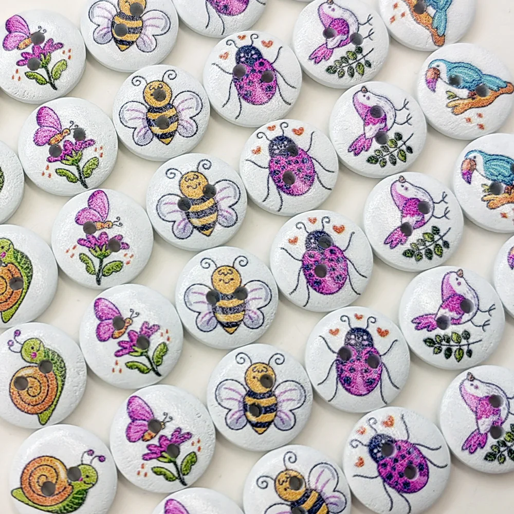 100 Uds. Botones de jardín coloridos de 15mm, flores, abejas, pájaros, caracoles, botones de madera para manualidades DIY, suministros de costura