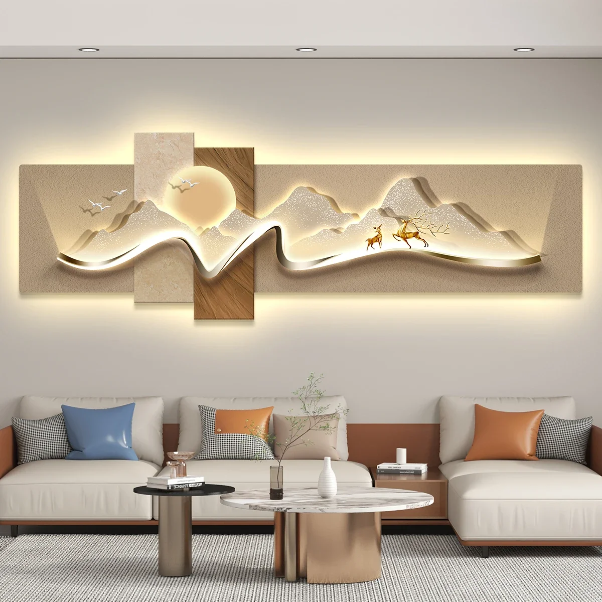 Light luxury led living room with lamp decorative sofa background wall hanging mural simple modern high-end banner