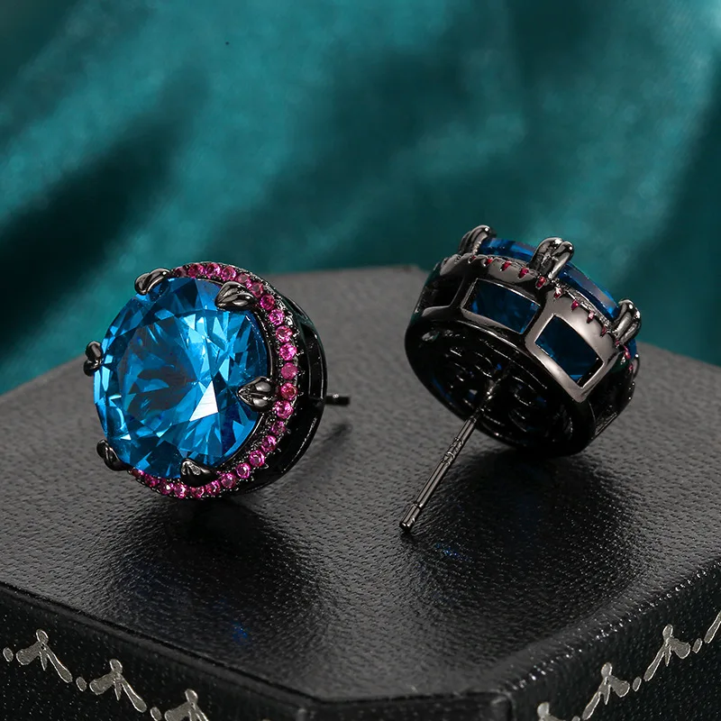 

12mm Round Cut Red Blue Cubic Zirconia Stud Earring Black Plated Heart Prong Pink Crystal Halo Statement for Women Party Jewelry
