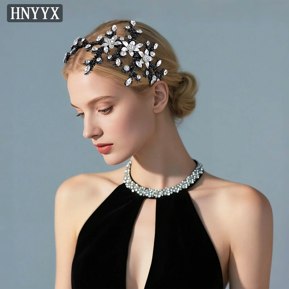

HNYYX Alloy Flowers Headband Shining Rhinestone Black Headdresses Elegant Girl Headpiece Dating Party Hair Accessories A385