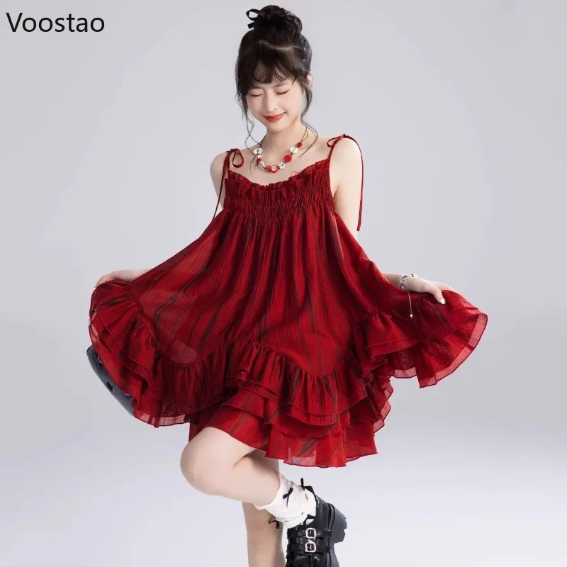 

Summer Fashion Sweet Red 2 Piece Set Women Kawaii Sleeveless Camisole Tops Mini Skirt Suit Female Chic Beach Vacation Dress Set