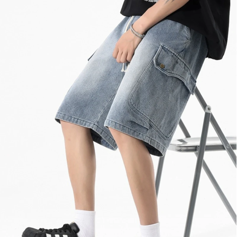 Retro Denim Shorts for Men Loose Straight Leg Multi-pocket Short Jeans Pants Summer 8XL Elastic Waist Drawstring Jean Shorts Man