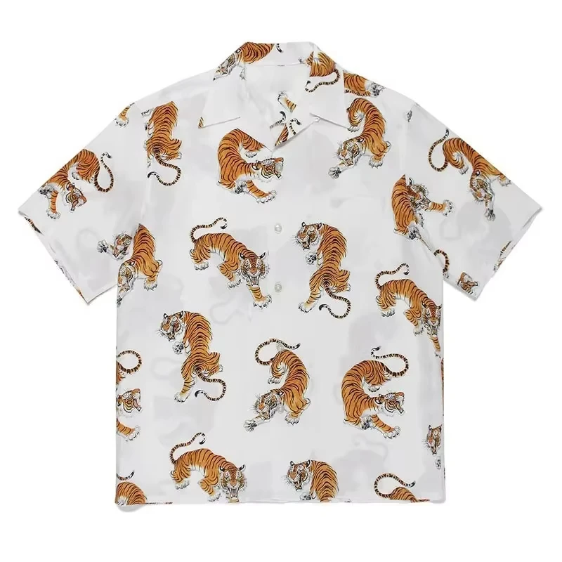 2026 Hawaiian Tiger Print shirt Short sleeve black top Beach vacation men's Fashion vintage clothing
