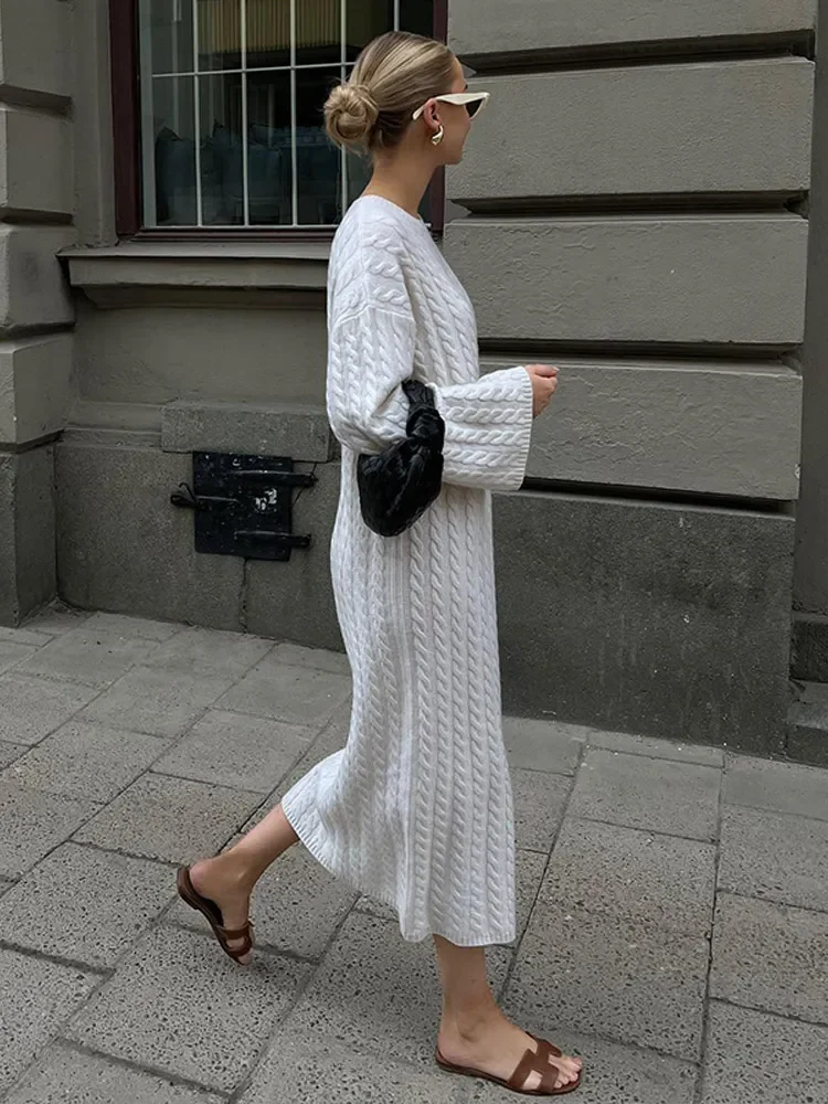 Solid Women Ribbed Knitted Midi Dress Casual Loose O-neck Long Sleeve Lady Dresses 2023 Autumn Female Chic Streetwear Robe