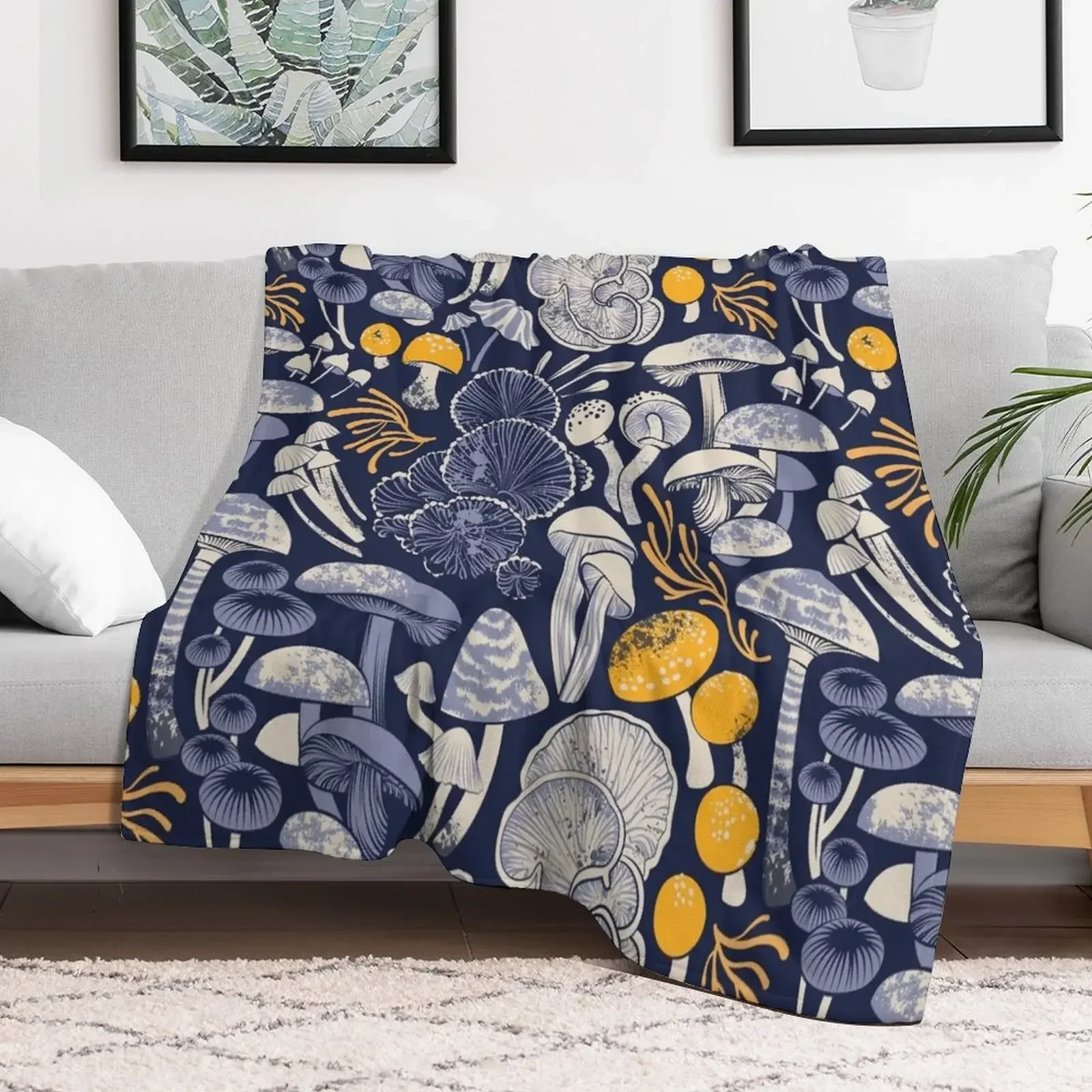 Mystical fungi // midnight blue background ivory pale blue and yellow wild mushrooms Throw Blanket