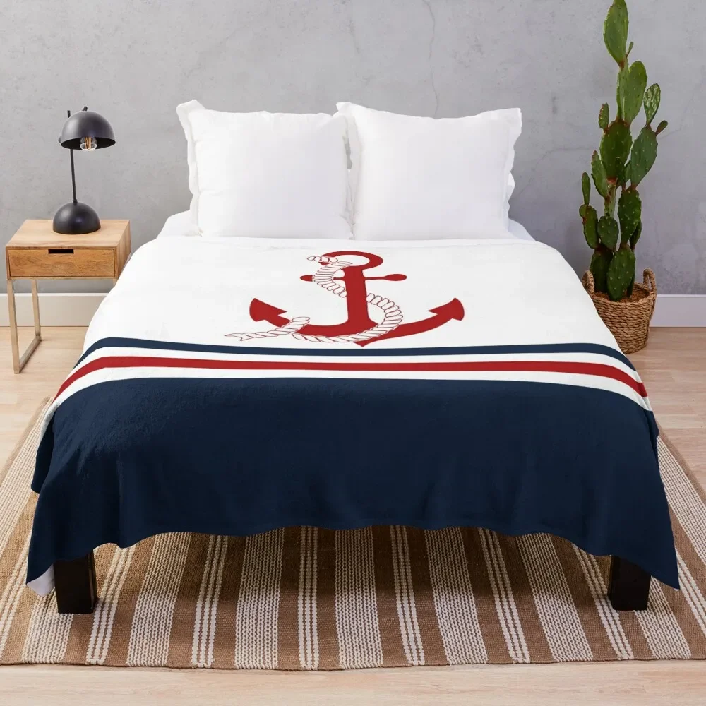 

Nautical navy blue and white stripes with a red anchor Throw Blanket Soft Comfort Blanket for Reading Watching TV
