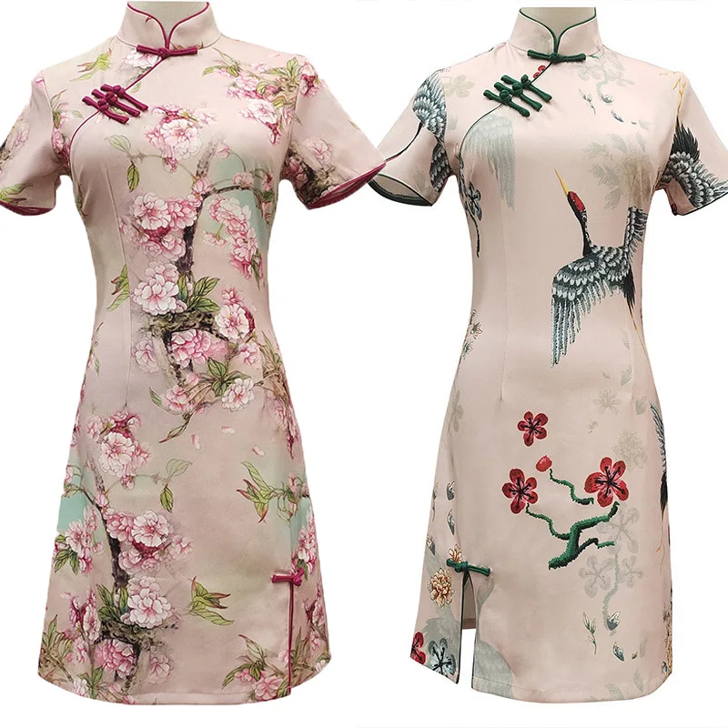 

Sexy Short Qipao Print Flower Traditional Chinese Dress Vintage Cheongsam Women Rayon Dresses Classical Vintage Button Vestidos