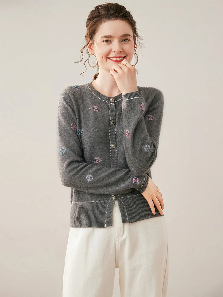 

100% Cashmere Cardigan Autumn Winter Grace O-Neck Diamonds Sweater Woman clothing Autumn Winter Soft Warm Knitwear Retro Casual