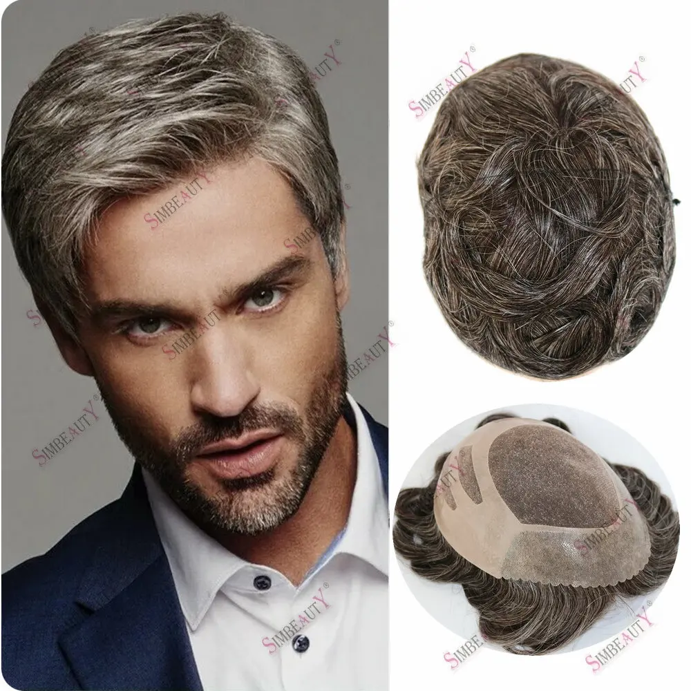 Men's Toupee 100% Human Hair Durable Bond Mono NPU Base Gray Brown Hair 8x10 Inches Natural Hairline Capillary Prosthesis System