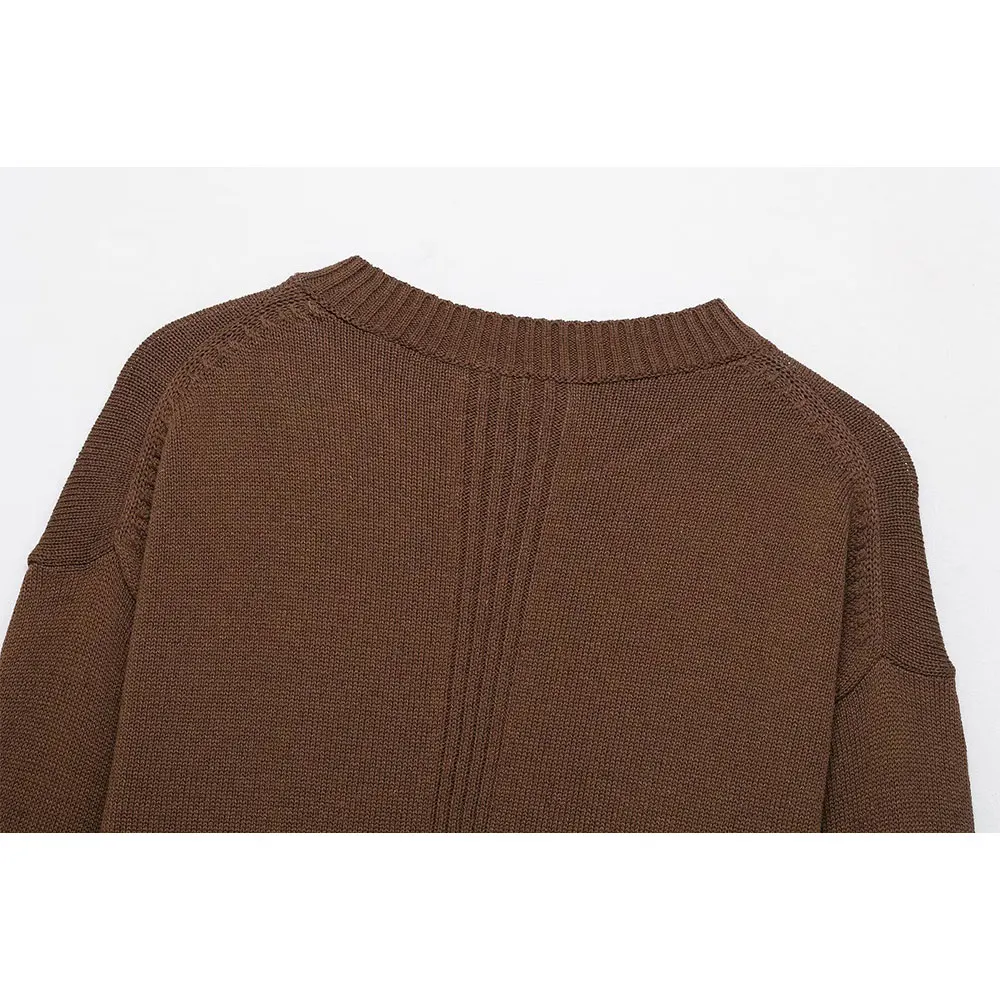 DUOPERI, prendas de punto para mujer, Jersey de punto marrón a la moda, suéter informal con cuello en V y mangas largas, Tops elegantes para mujer