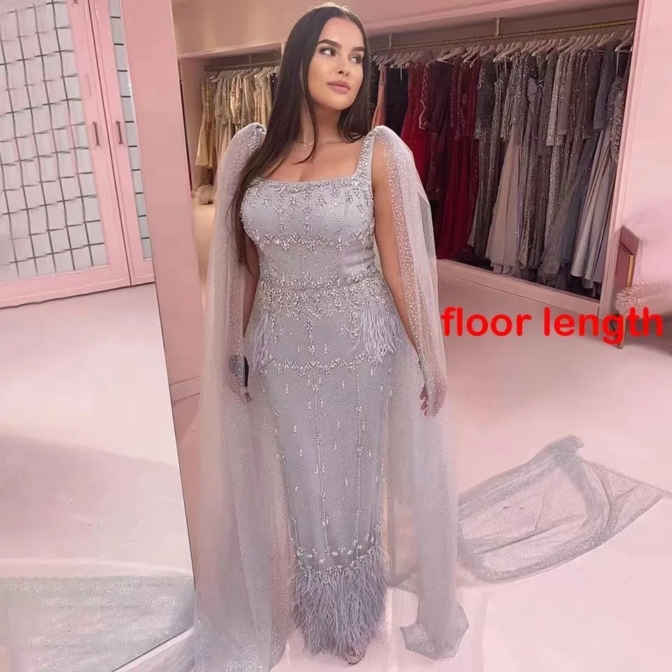 Bling Gray Mermaid Arabic Evening Dress with Cape Feather Prom Formal Dresses for Women Wedding Party Gowns