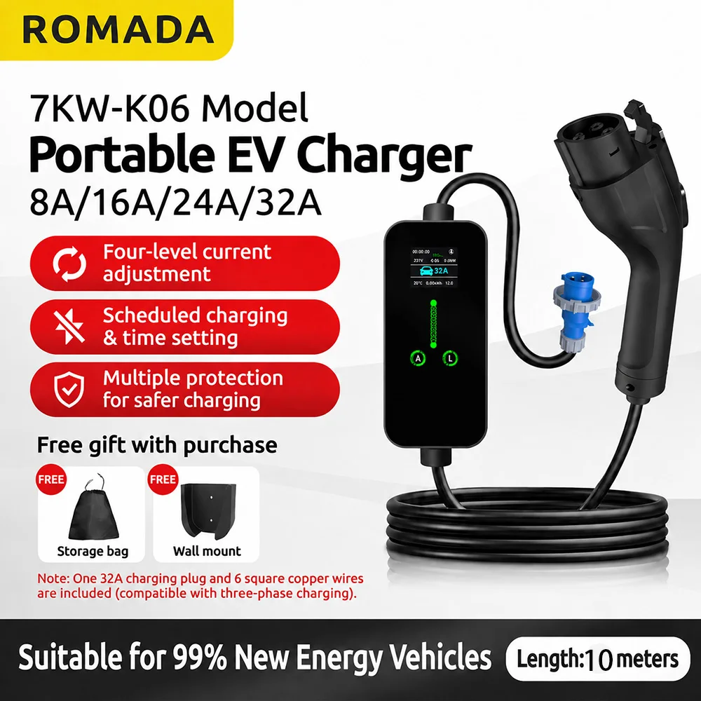 7.2KW 32A Portable Type2 IEC62196-2 EV Charger Type1 SAE J1772 Electric Car Charger GBT EVSE Charging Cable 3M-10M WiFi APP