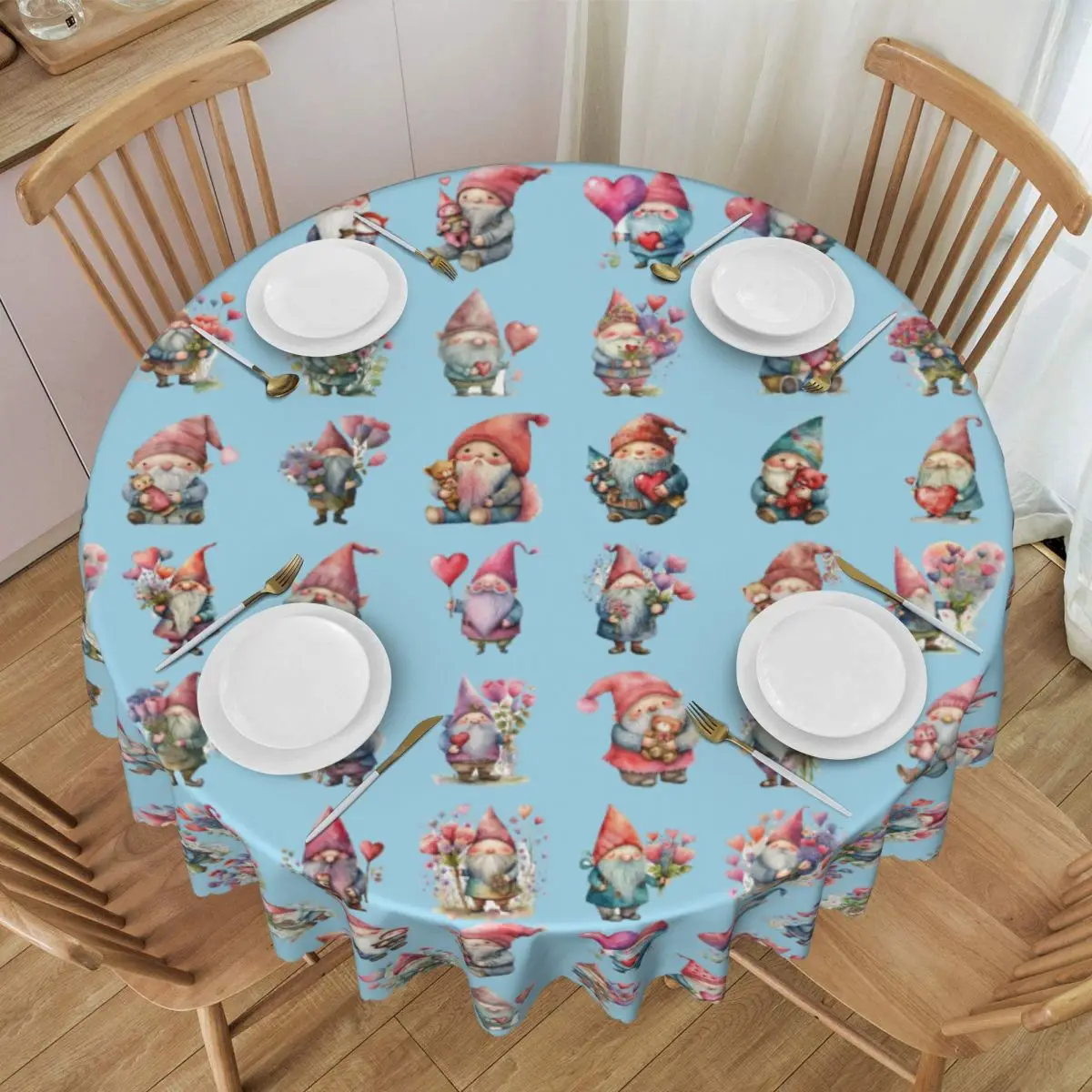 Custom Round Scandinavian Santa Gnomes Tablecloth Waterproof Oil-Proof Table Covers 60 inch Table Cloth