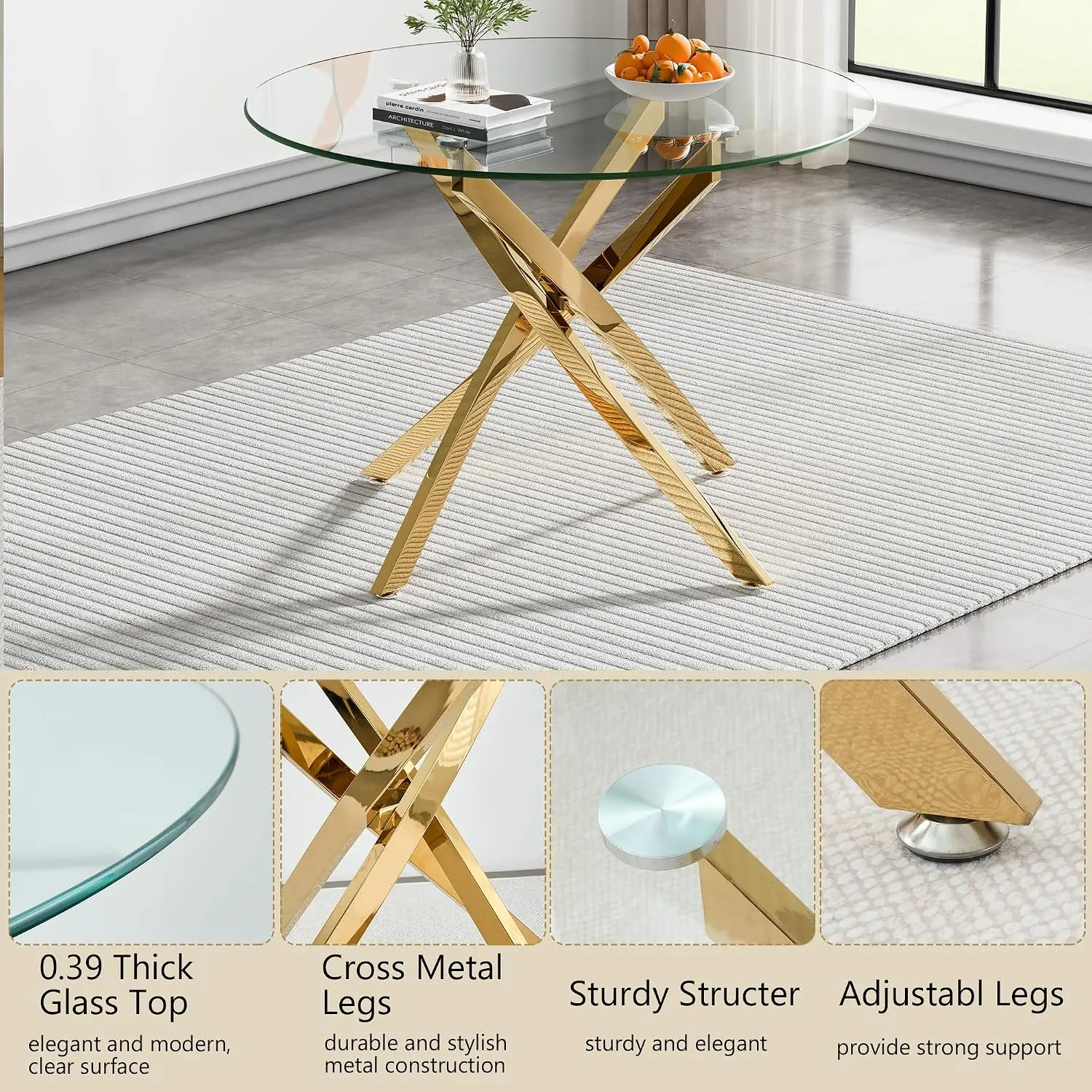 36'' Gold Round Glass Dining Table Set for 4 Family Gathering, Customized