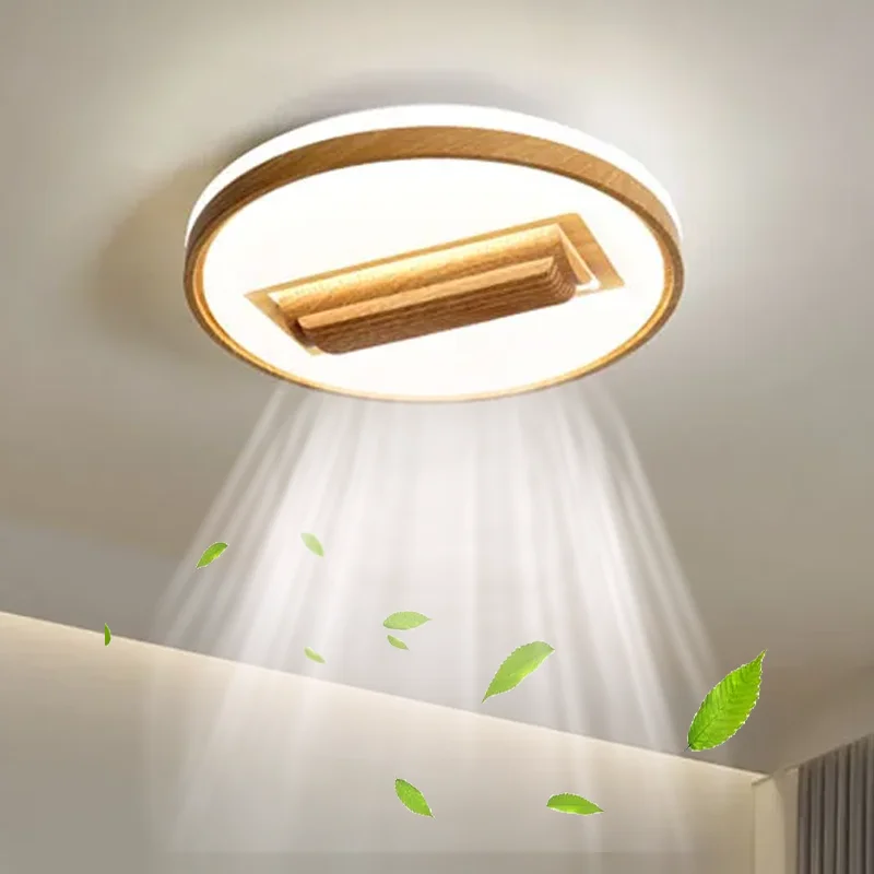 Nordic Wood Grain Ceiling Fan Lights Bedroom Bladeless Electric Fan Lamps Round Square Ceiling Lamp Silent Ventilator Fixtures