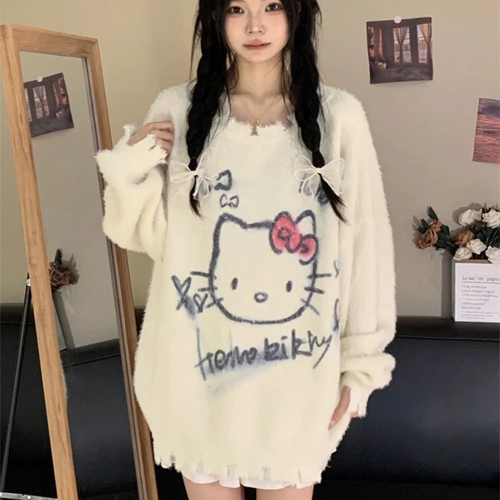 

Y2K Hello Kitty Kawaii Sweater Sanrios Cartoon Kt Knitted Pullover Tops Cute Winter Fashion Anime Sexy Girls Loose Cute Sweater