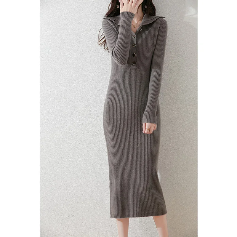 Autumn and winter high collar pure wool dress for women, slim fit with a base layer of wool, button knit cashmere skirt