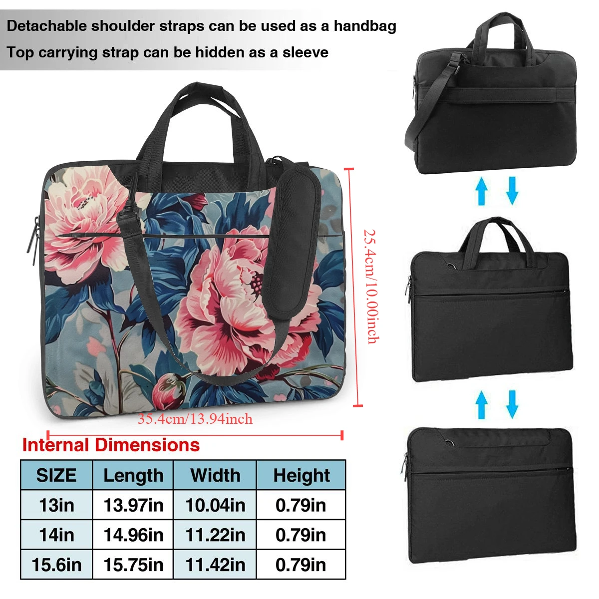 Borsa per laptop con fiore di peonia borsa per laptop a tracolla portatile ultrasottile con motivo stampato borsa per laptop 13 14 15.6in