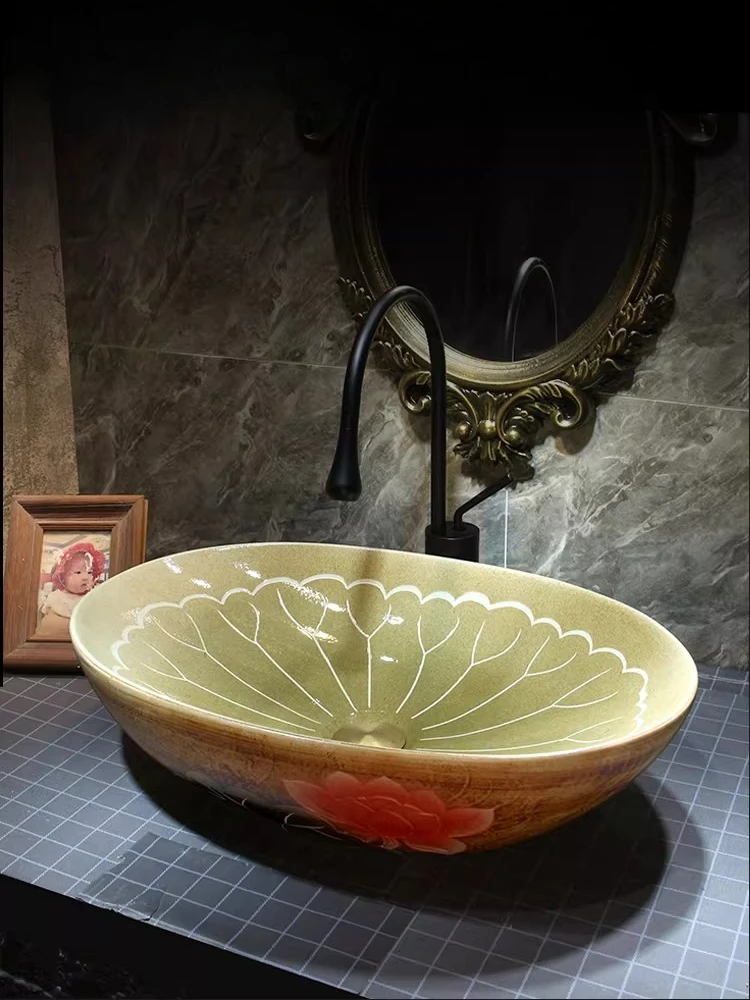

Керамическая раковина для ванной комнаты Yuanbao с ручной росписью в виде цветка лотоса, в ретро-стиле, для домашнего использования.