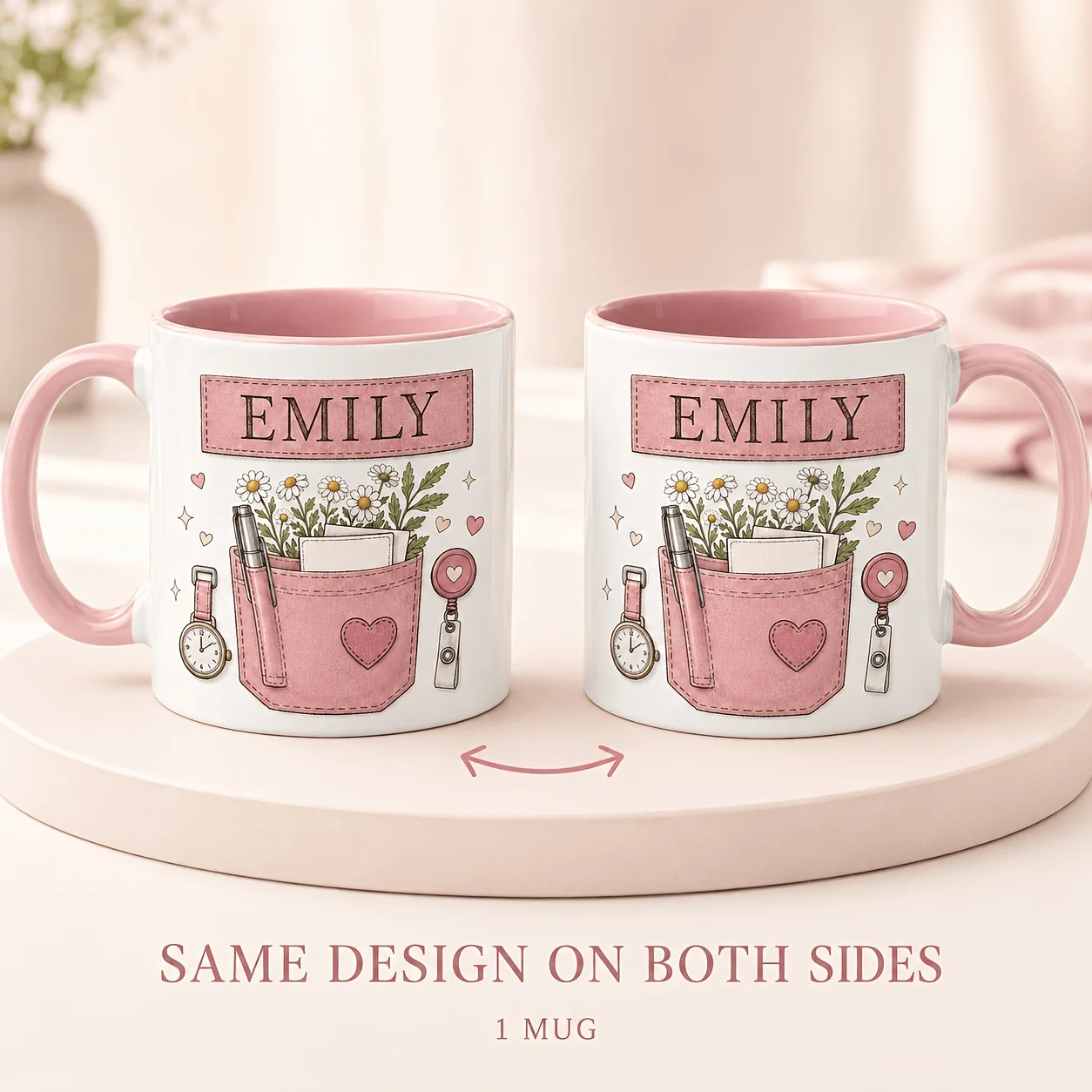 1 Personalized Nurse Mug, Custom-named 11-ounce Ceramic Coffee Mug, Floral Hand Laundry Bag Design, 2D Printing on Each Side, 5