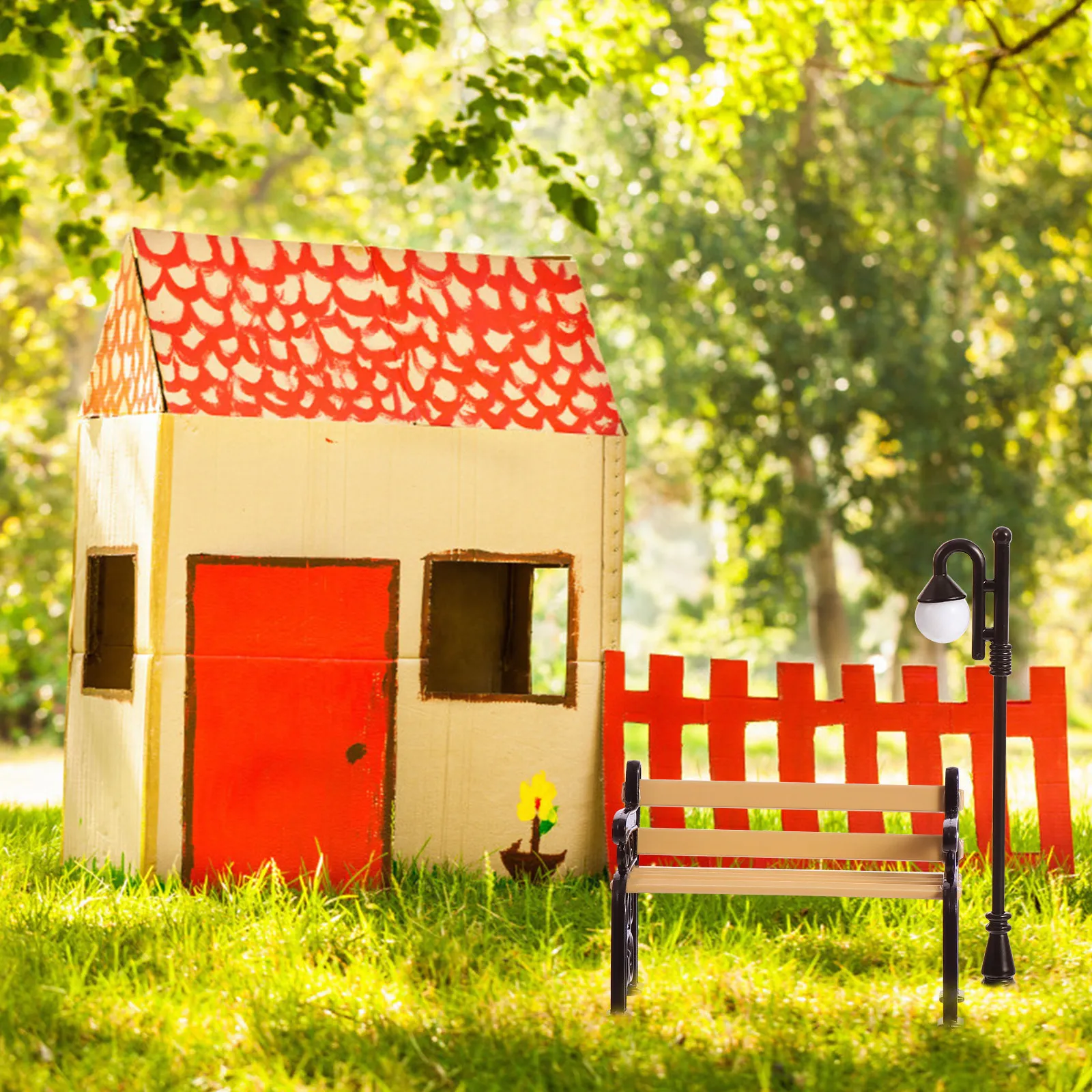 

2 шт. стульев и миниатюрных уличных фонарных столбов из смолы и металла, декор для микроландшафта, аксессуары для кукольного домика, для использования в помещении и на улице