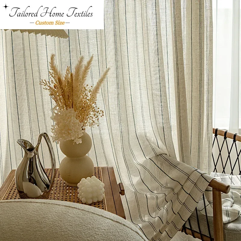 

Custom Size Striped Linen Curtains for Living Dining Room Bedroom European Luxury French Curtains Simple Window Decor WhiteTulle