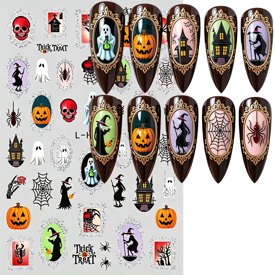 2pcs Spooky Ghost Pumpkin Halloween Nail Stickers Spider Web Scorpion Gothic Nail Art Decals Sliders Holiday Manicure Decoration
