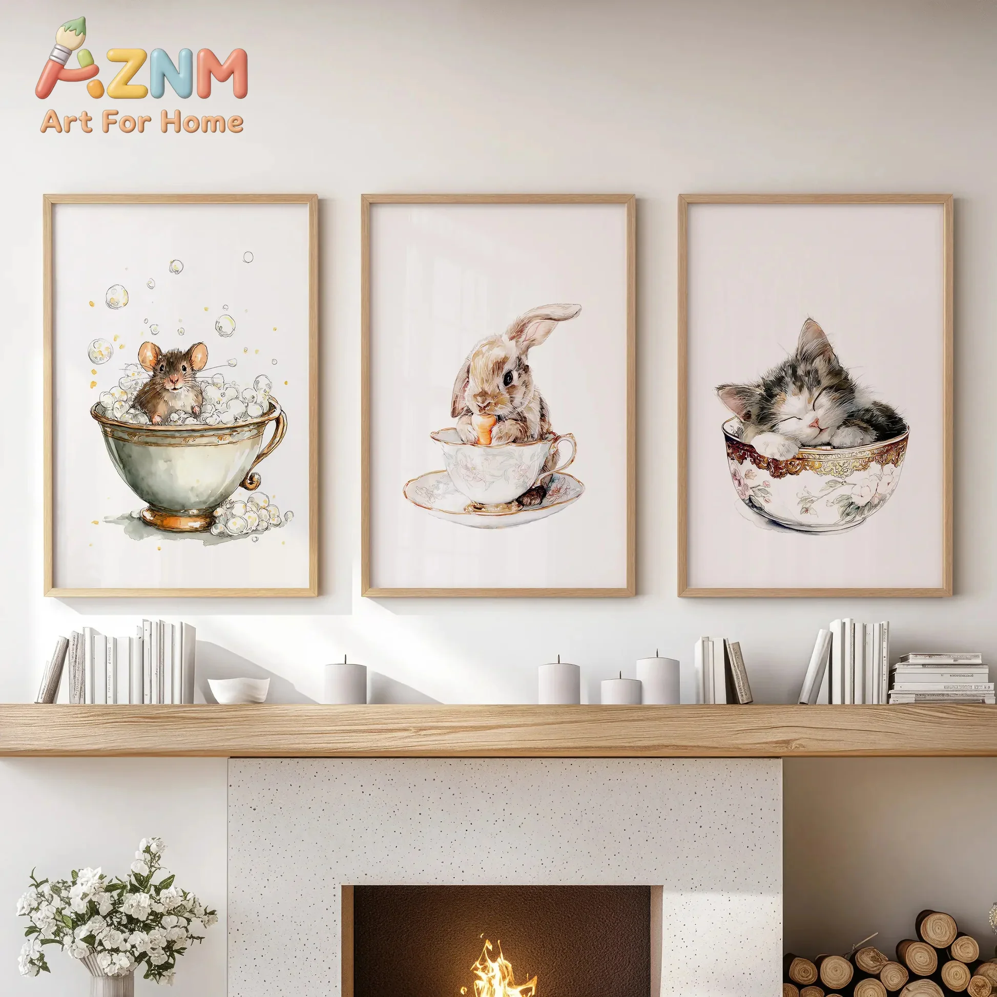 AZNM Cute Animal Canvas Wall Art Mouse Rabbit Kitten In Vintage Teacup Watercolor Frameless Canvas Painting Kids Room Home Decor