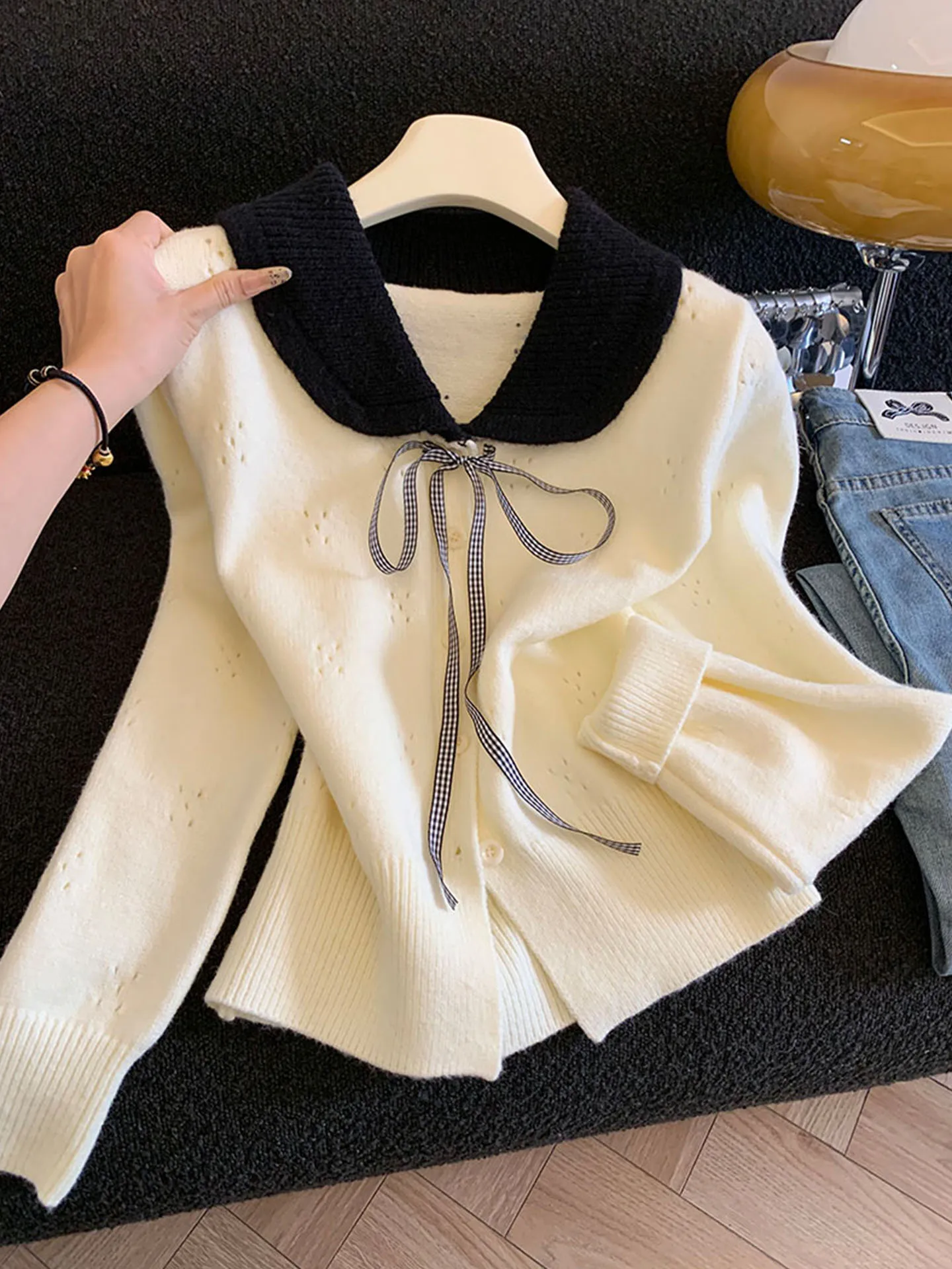 

Emily Clud Recommended Knot Doll Collar Hollow Knitted Sweater Cardigan Coat Autumn Winter Women's Warm Long Sve...
