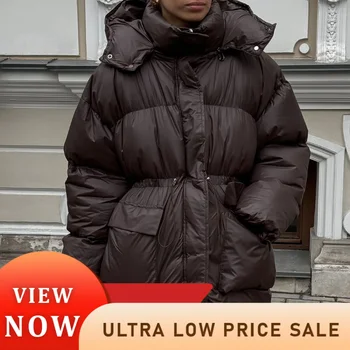 Inverno caldo con cappuccio addensare giacche di cotone donne tasche con coulisse cappotti trapuntati con cerniera 2025 moda nuovo casual capispalla da strada