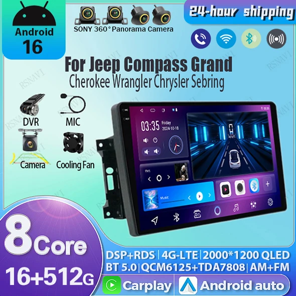 Radio para Auto Android 16 para Jeep Compass, Grand Cherokee, Wrangler, Chrysler Sebring, Town Country, Dodge Charger, Multimedia Estéreo 2din