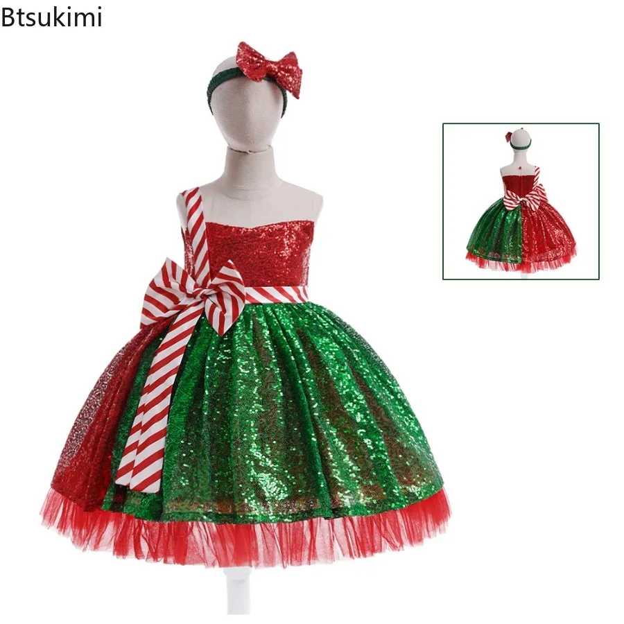 Elegant Girls Sequin Christmas Party Dress Stripe Bow Puffy Kids Girl Tutu Princess Gown Children Wedding Birthday Dresses 4-6Y