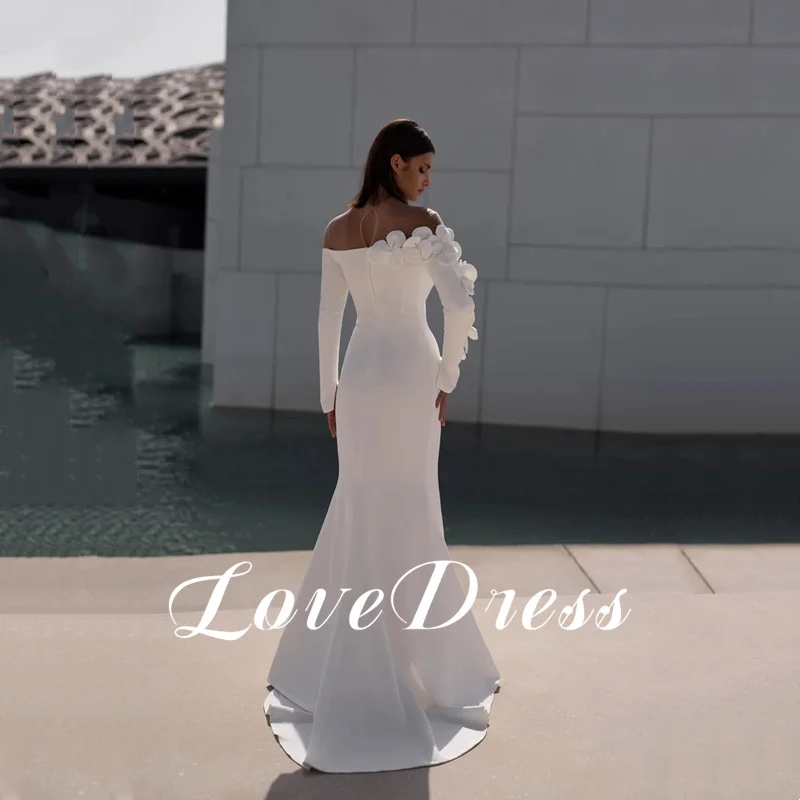 Amour élégant épaules dénudées blanc Meimaid plis fleurs robe de mariée Simple manches longues longueur de plancher Sexy dos nu personnalisé