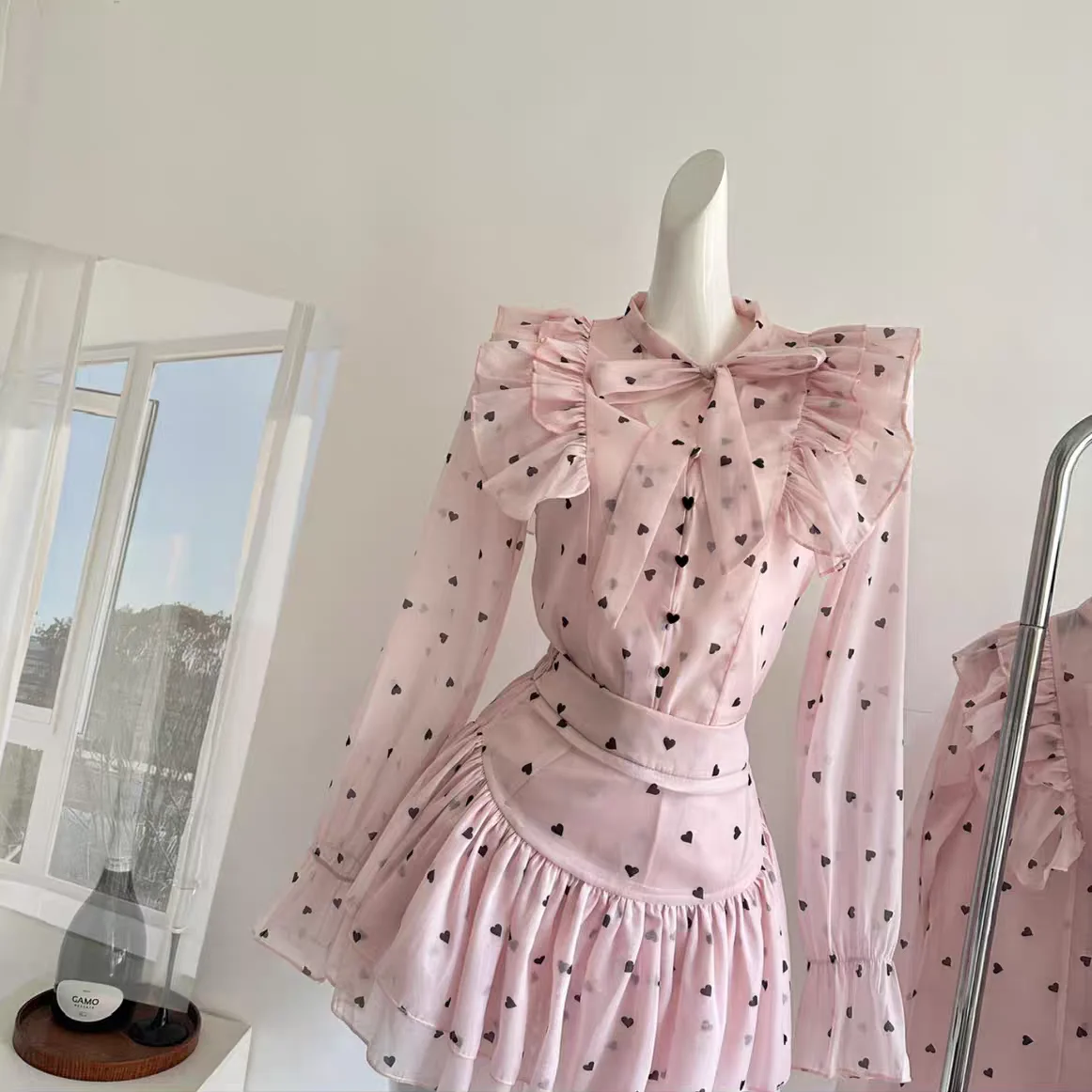 2025 Lente Dopamine Roze Set Strikje Polka Dot Blouse & Hoge Taille Rok Dames Zoete Tweedelige Outfit Romantische A-lijn Jurk