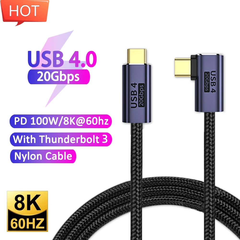 USB4 20Gbps Elbow Data Cable USB Type C to Type C Thunderbolt 3 8K@60HZ Cable PD 100W 5A Fast Charging Cable For Macbook Pro