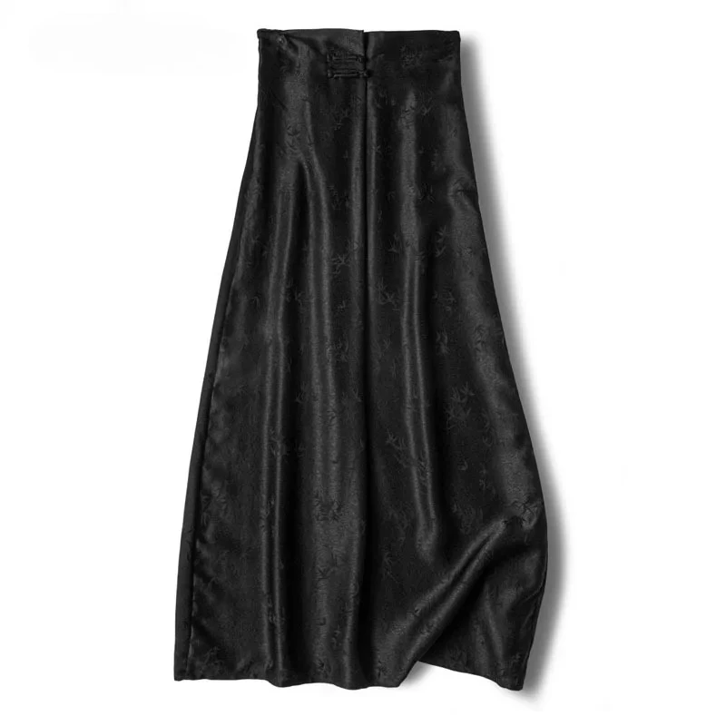 Abbigliamento moda donna Stampa foglia di bambù nero 100% seta di gelso naturale intrecciata bussola fibbia cerniera gonna a tubo dritto