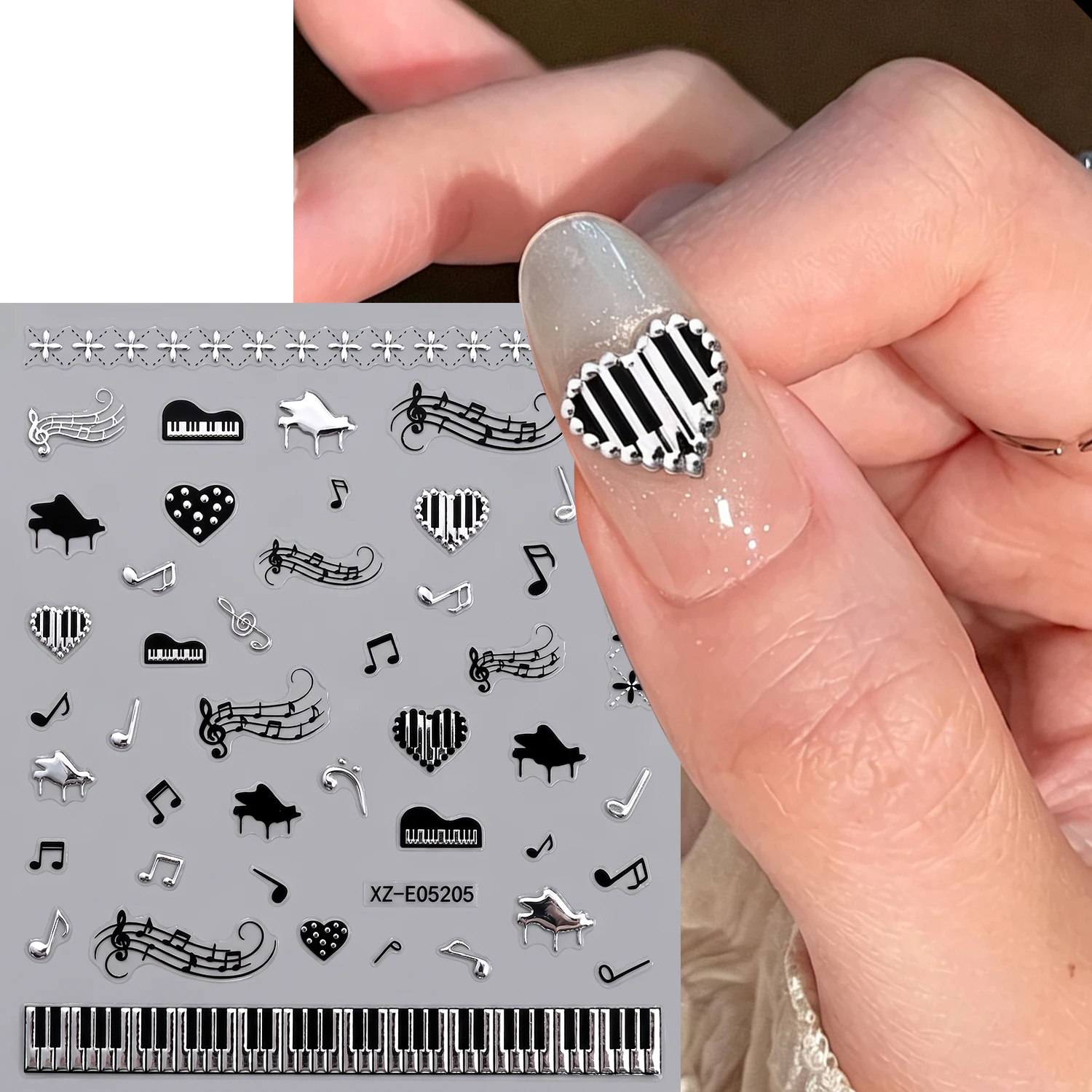 6Pcs Silver Black Petal Flower Bow Nail Stickers 3D Heart/Floral/Cloud/Musical Note Design Self Adhesive Decals DIY Sliders