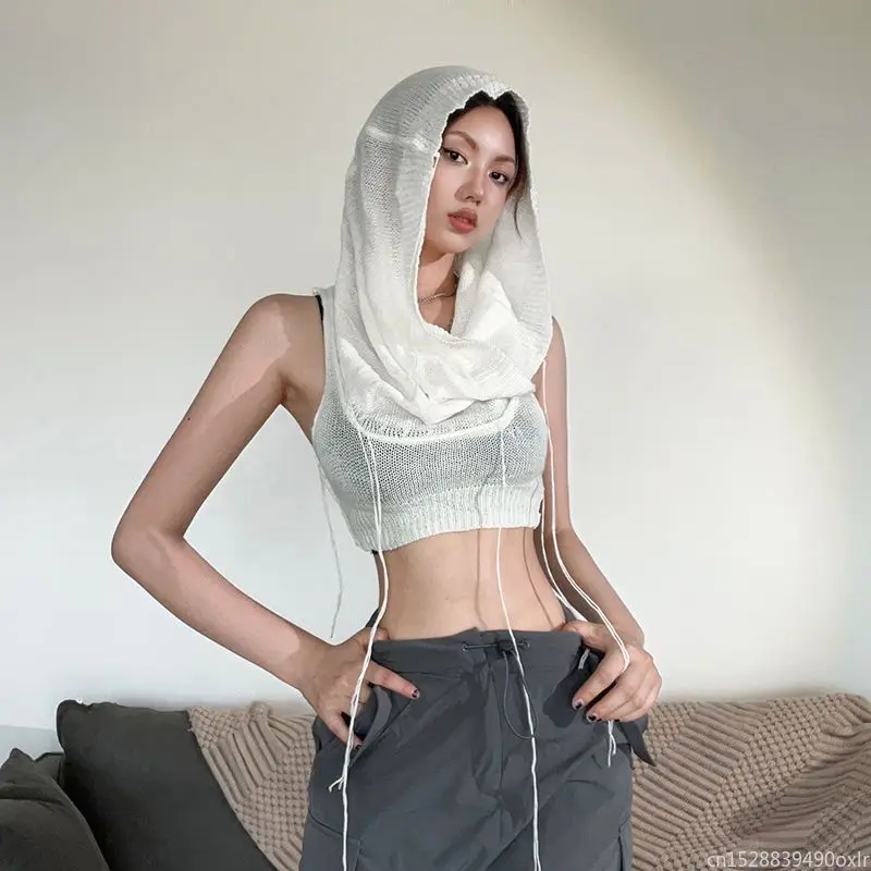 Xiaomi Hollow Women's Hooded Tank Top Sexy European and American Tops Solid Color Sleeveless Tank Top Summer Women's Clothing