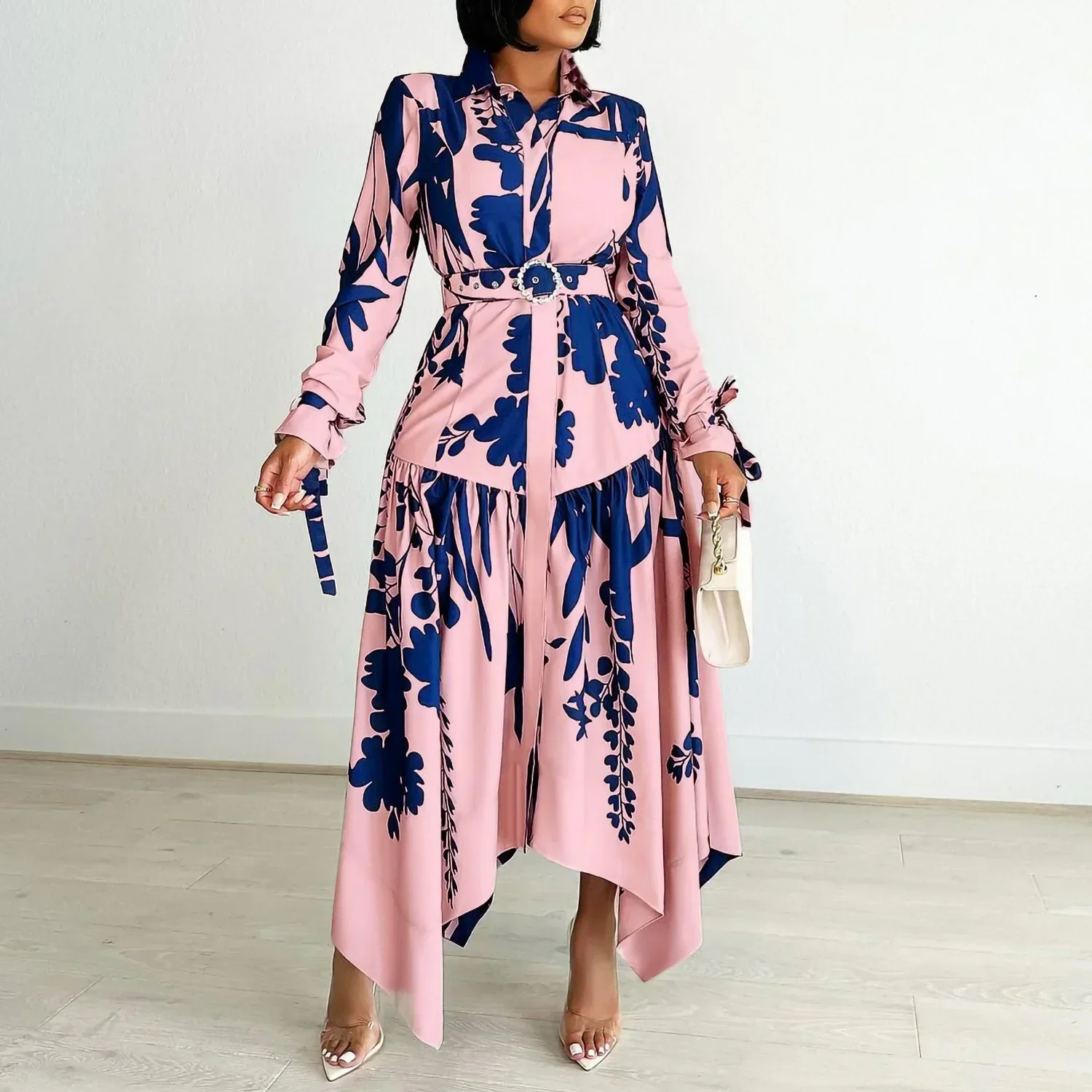 

2024 New Casual Printed Irregular Maxi Dress Women Printing Button Party Evening Holidays Long Dress with Belt Women Streetwear