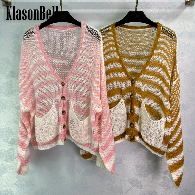 

8.2 KlasonBell Women Striped V-Neck Hollow Out Weave Sweet Loose Cardigan Pocket Letter Jacquard Wool Mohair Soft Knit Cardigan