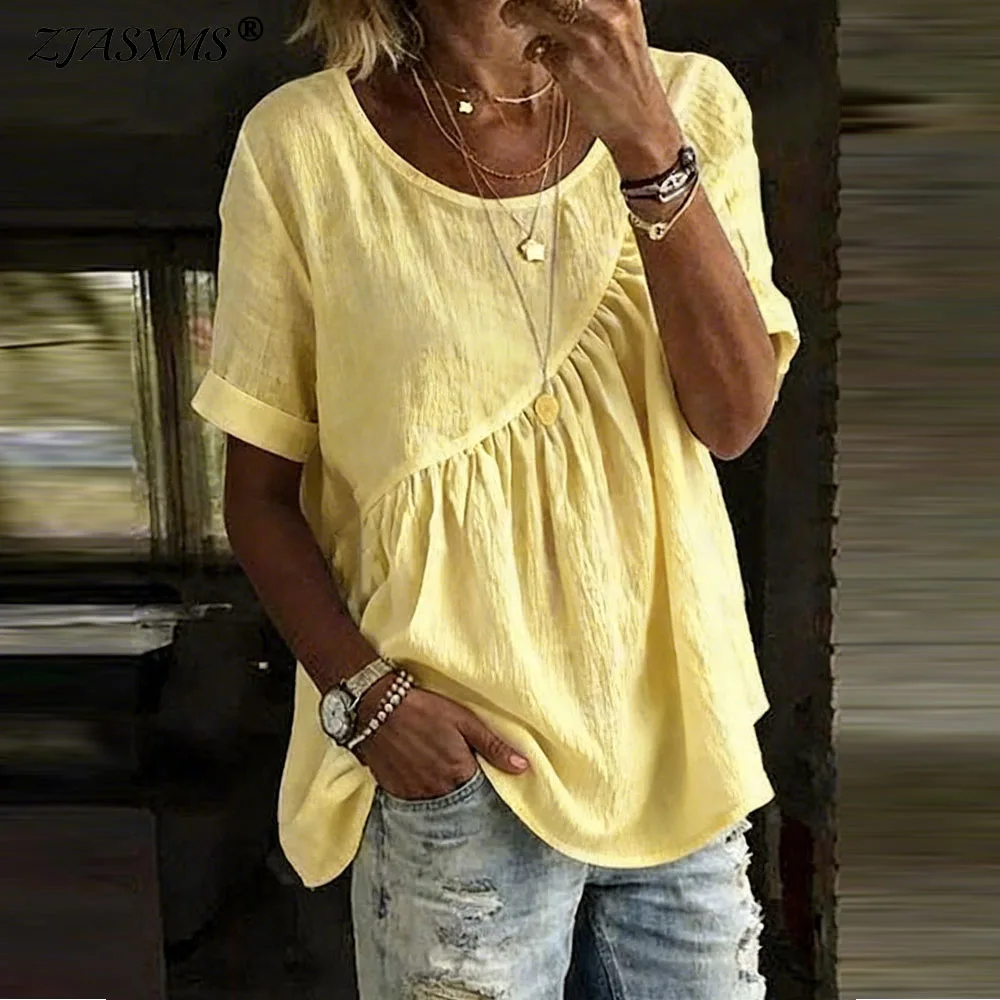 

2026 Spring Summer Solid Ruched Woman Clothing Casual Round Neck Loose Fit T-shirt Top Elegant Short Sleeve Ruched Blouse Shirts