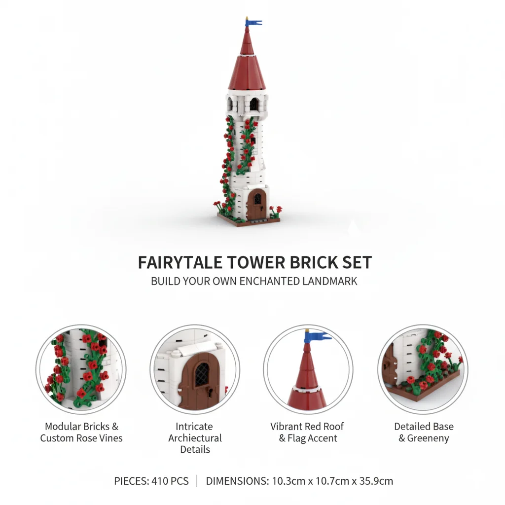 Bloc de construction de particules MOC, tour de roses assemblée, ornement de fleur, jouet éducatif, modèle de château, Architecture moderne