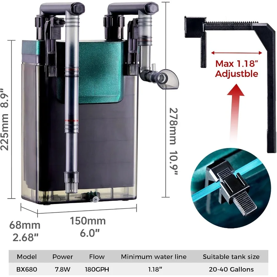 فلتر يدوي 180GPH لأحواض السمك، ترشيح صامت متعدد المراحل لخزان الأسماك أو خزان السلحفاة ذو مستوى المياه المنخفضة للغاية