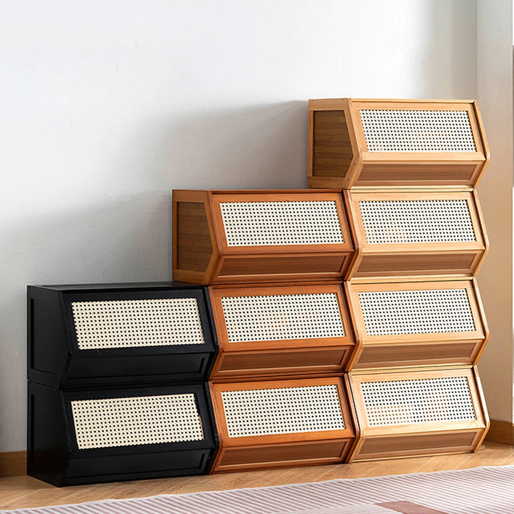 Mobiletto impilabile in bambù naturale 70x30x31 cm, organizer da piano con porta a ribalta in rete di rattan, cassettiera traspirante per scrivania, ideale per casa, ufficio e soggiorno