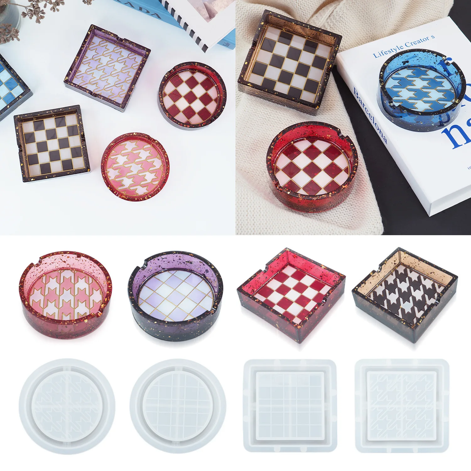 

Houndstooth Checkerboard Patterns Classical Style Ashtray Silicone Mold DIY Gift For Men Home Office Round Sqaure Ashtray Mould