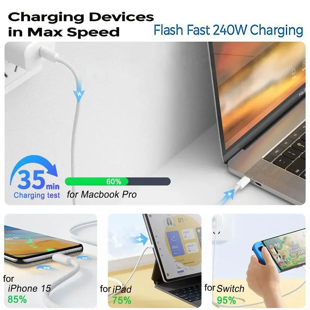 PD 240W USB C Charger Cable Laptop Type C Fast Charging Cable 2M for iPhone 15 Series iPad Air Pro MacBook Samsung Galaxy Switch